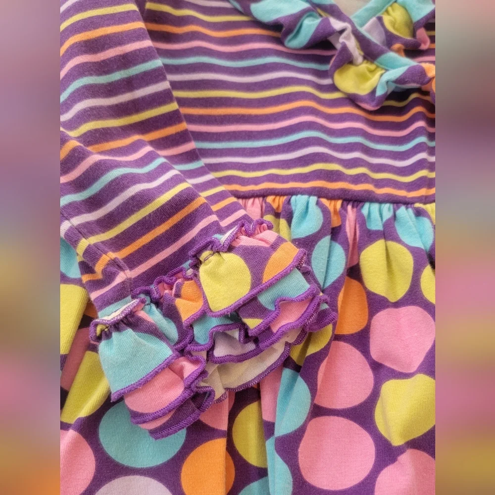 Kelly's Kids Girls Striped Polka Dot Ruffle Tunic Dress Purple Multi Size 3/4